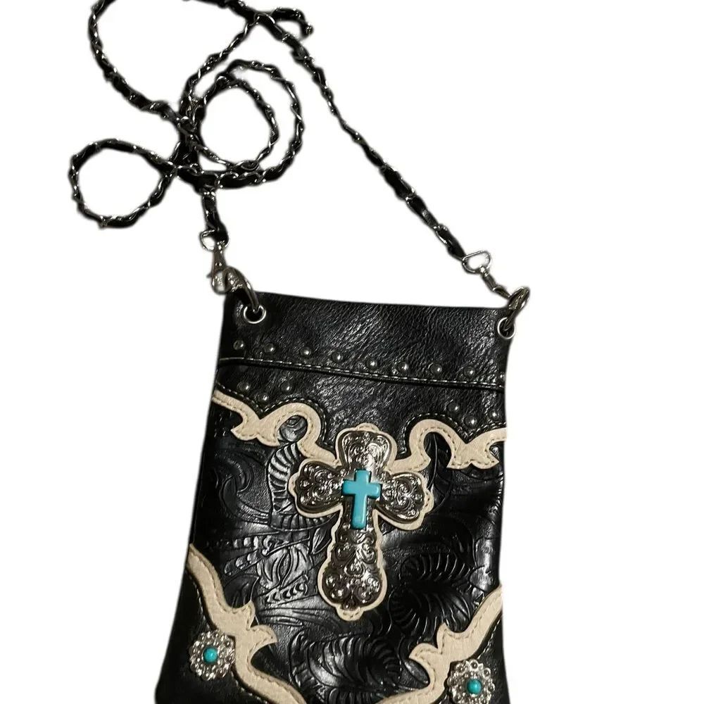 Black Tooled Cross Accent Crossbody Bag with Turquoise Detail 8x6 new great gift
